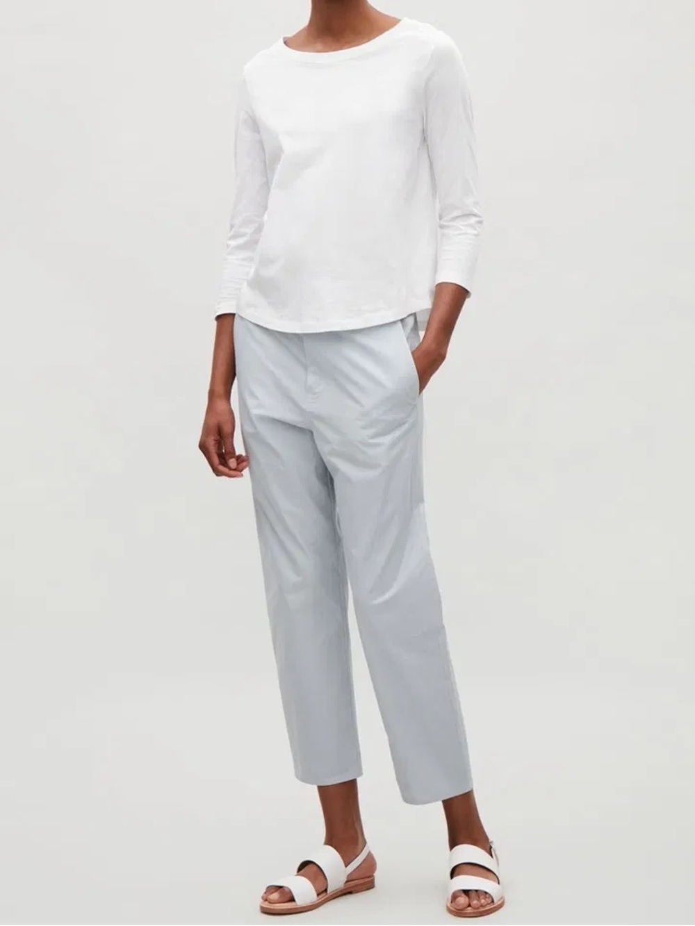 COS 3/4 Sleeve White Cotton Shirt with Curved Hem | Size M